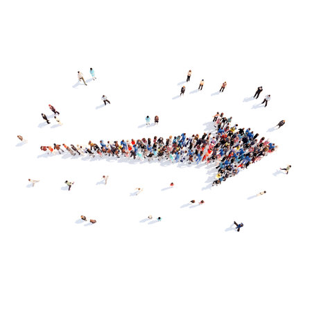 Large group of people in the form of arrows, business, and technology. Isolated, white background.の写真素材
