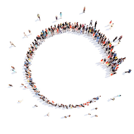 Large group of people in the form of arrows, business and technology. Isolated, white background.の写真素材
