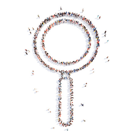 Large group of people in the form of a frying pan. Isolated, white background.の写真素材