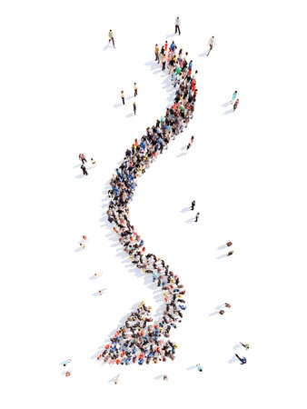Large group of people in the form of arrows, business, and technology. Isolated, white background.の写真素材