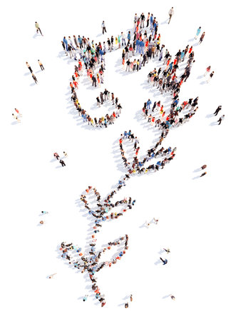Large group of people in the form of a leaf of a flower. Isolated, white background.の写真素材