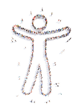 A large group of people in the form of a man. Isolated, white background.の写真素材