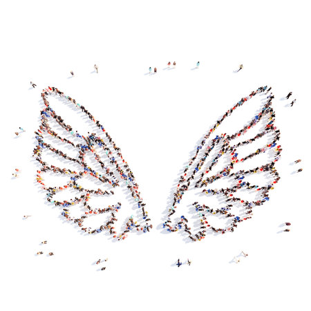 Large group of people in the form of wings. Isolated, white background.の写真素材