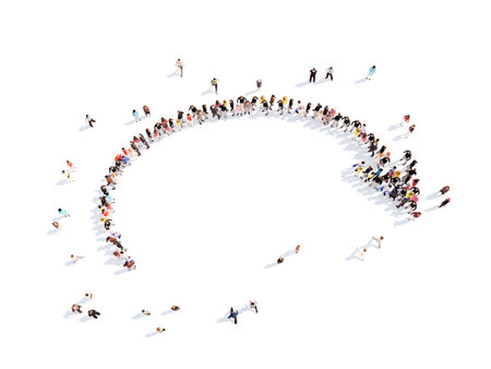 Large group of people in the form of arrows, business, and technology. Isolated, white background.の写真素材