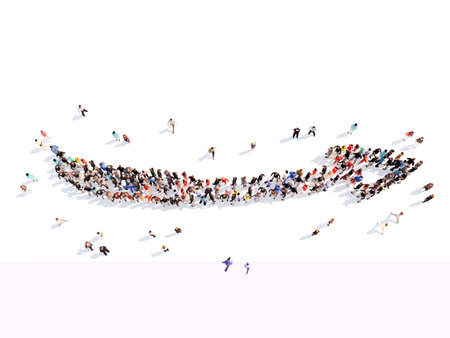 Large group of people in the form of arrows, business, and technology. Isolated, white background.の写真素材