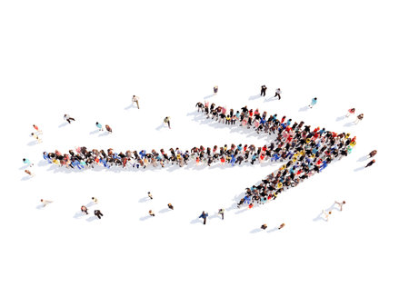Large group of people in the form of arrows, business, and technology. Isolated, white background.の写真素材