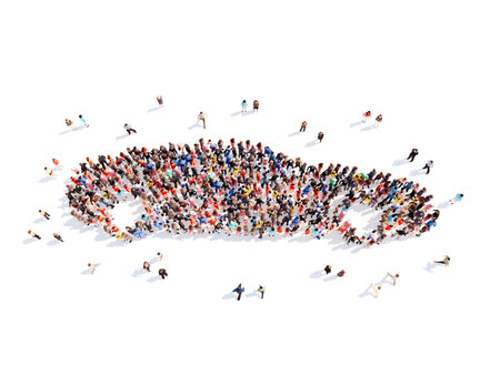Large group of people in the form of a car. Isolated, white background.の写真素材