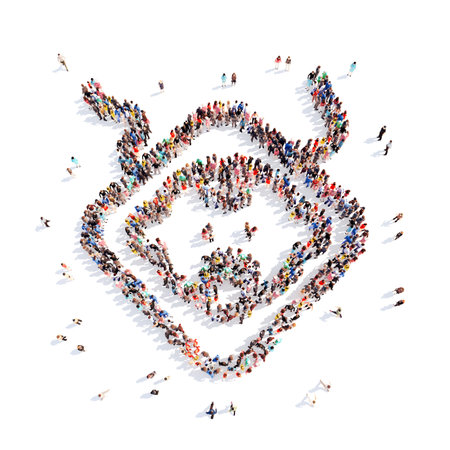 Large group of people in the form of children's bib. Isolated, white background.の写真素材