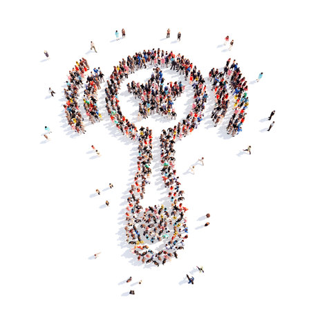 Large group of people in the form of children's rattles. Isolated, white background.の写真素材