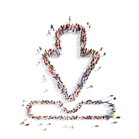 Large group of people in the form of arrows, business, and technology. Isolated, white background.の写真素材