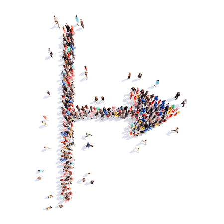 Large group of people in the form of arrows, business, and technology. Isolated, white background.の写真素材