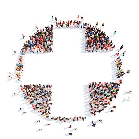 A large group of people in the form of a plus. Isolated, white background.の写真素材