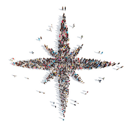 A large group of people in the form of stars, flare. Isolated, white background.の写真素材