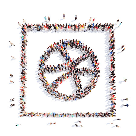 A large group of people in the shape of media icons. Isolated, white background.の写真素材