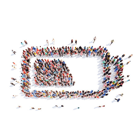 A large group of people in the shape of battery charge. Isolated, white background.の写真素材