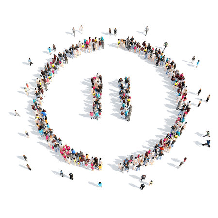 A large group of people in the shape of a button pause. Isolated, white background.の写真素材