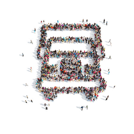 A large group of people in the shape of a truck. Isolated, white background.の写真素材