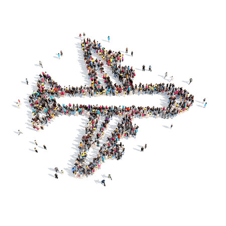 A large group of people in the shape of an airplane. Isolated, white background.