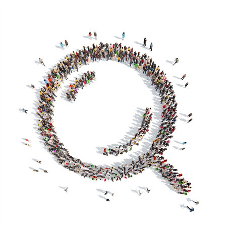 A large group of people in the shape of a magnifying glass. Isolated, white background.の写真素材