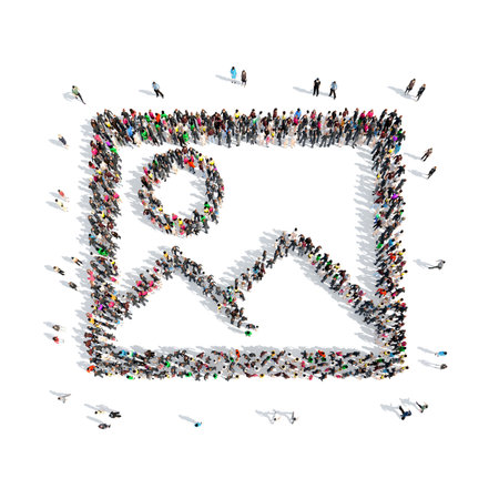 A large group of people in the shape of pictures. Isolated, white background.