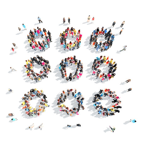 A large group of people in the shape of abstract symbols. Isolated, white background.の写真素材