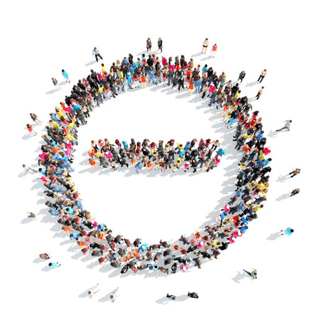 A large group of people in the shape of a minus sign.の写真素材