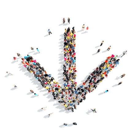 Large group of people in the form of arrows, business, and technology. Isolated, white background.の写真素材