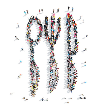 A group of people in the shape of a table set, cartoon, flash mob.の写真素材