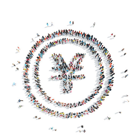 A group of people in the shape of a sign of the yuan, money, cartoon, isolated on a white background.の写真素材