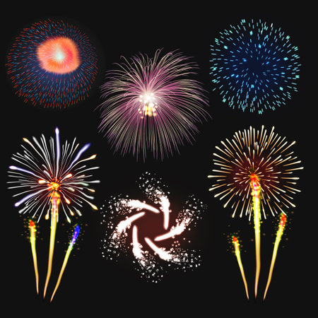 Fireworks festive  bursting with pattern in various forms sparkling icons set black background abstract  illustration isolatedの写真素材