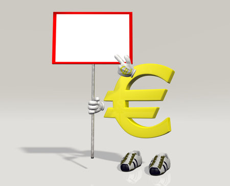 Euro symbol character indicates that something written in the sign that holding in his right handの写真素材