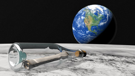 Closeup of a message in a bottle on the lunar surface and the world in the backgroundの写真素材