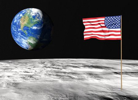 closeup of the American flag on the lunar surface with the planet Earth in the backgroundの写真素材