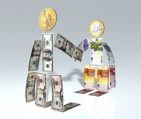 a man made of u s  dollar banknotes and coin is shaking hands with another man made of euro banknotes and coinの写真素材