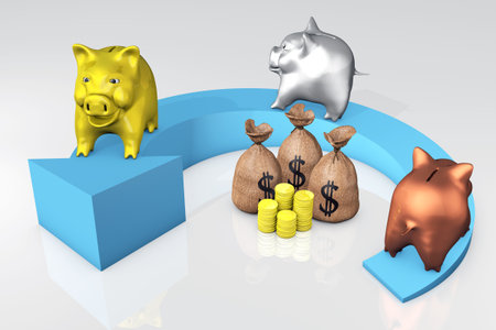 three piggies bank, one in bronze, another in silver and the third in gold are on a curved growing up blue arrow, and a lot of money in the middleの写真素材