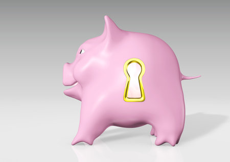 a happy pink piggy bank seen from a side view has a golden edge keyhole on his side with some light insideの写真素材