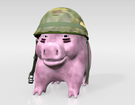 a closeup of a dirty pink piggy bank with a unfastened mimetic helmet on his head and some short beard that is looking the camera with a sly expressionの写真素材