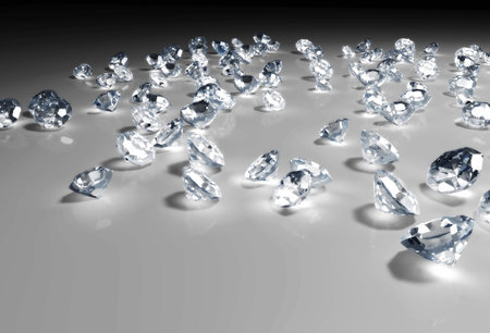 some diamonds of different size and in a random disposition are lying on a grey floor, with a light...