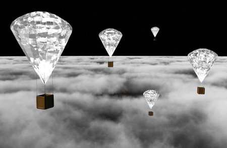 a group of five hot-air balloons which have a diamond instead of the classic balloon, are flying over clouds lighted by the moonlight in the nightの写真素材