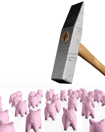 a group of some pink piggy banks seen from behind are under the hit of a ruined giant hammer on a white backgroundの写真素材