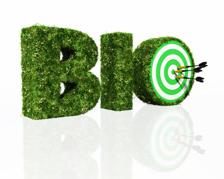 bio word composed from letters that are covered by grass and flowers, and a dartboard with three darts stuck in it covers the hole of the letter O, on a white backgroundの写真素材