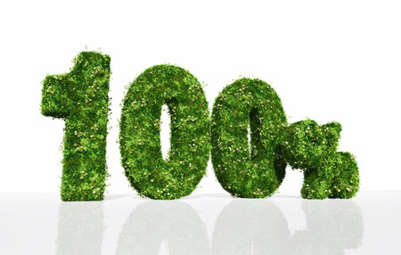 the three dimensional word  100   is covered by grass and flowers, on a white backgroundの写真素材
