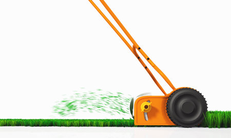 a side view of an orange push lawn mower in movement that is cutting the grass along a straight...
