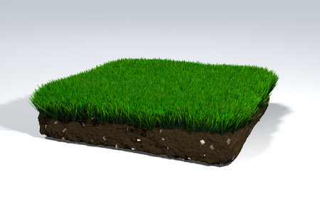 closeup of a squared clod of soil that has small rocks inside it and a green mowed lawn over it, on a white backgroundの写真素材