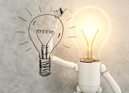 a lamp character with the bulb light switched on is drawing a lamp bulb with a black marking pen on a piece of glass placed in front of him as to show an idea, on a gray abstract backgroundの写真素材