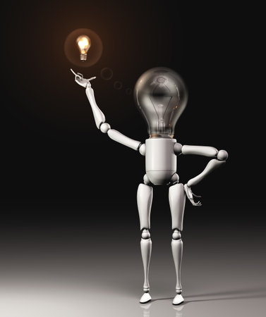 a standing lamp character shows the concept of a new idea, or solution to a problem, by a floating light bulb turned on placed over his upward right hand on a dark backgroundの写真素材