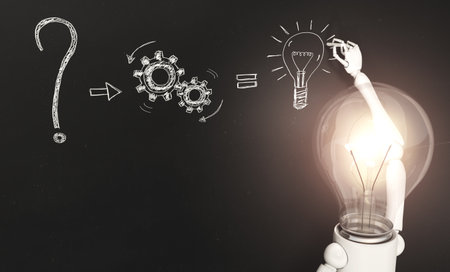 a standing lamp character with his bulb light switched on is writing a kind of solution to a question on a blackboard in front of himの写真素材