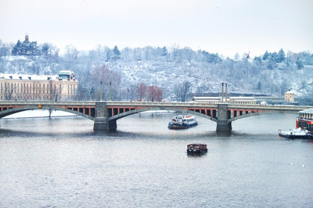 One of Prague bridges over Vltava river, view from Charles bridgeの写真素材