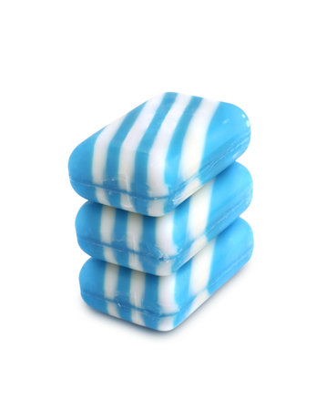Three new color soap bars on white background with clipping pathの写真素材