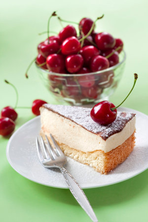  Milk souffle (bird's milk) cake with fresh cherryの写真素材